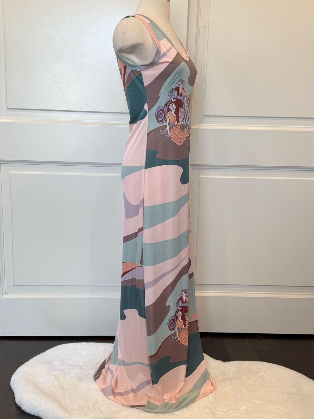 Amazing Vintage Art Nouveau Print Pink 60s 70s Maxi Column Gown Sleeveless Dress - Picture 8 of 10
